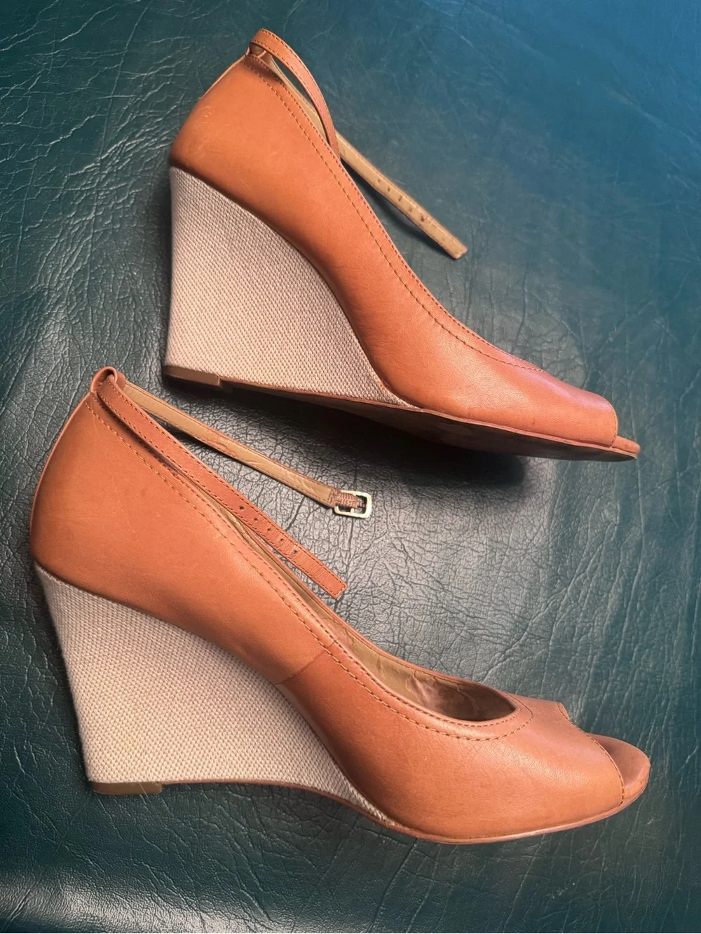 Ann Taylor Women's Camel/Tan Leather Peep-Toe Ivory Wedge Heels